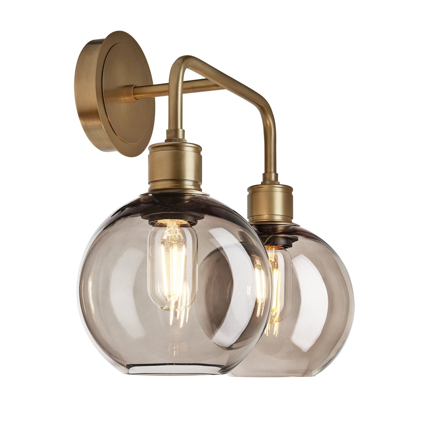 Albany Glass Globe Double Wall Light 7 Inch Mocha showcasing two mocha glass globes with a brass finish side view