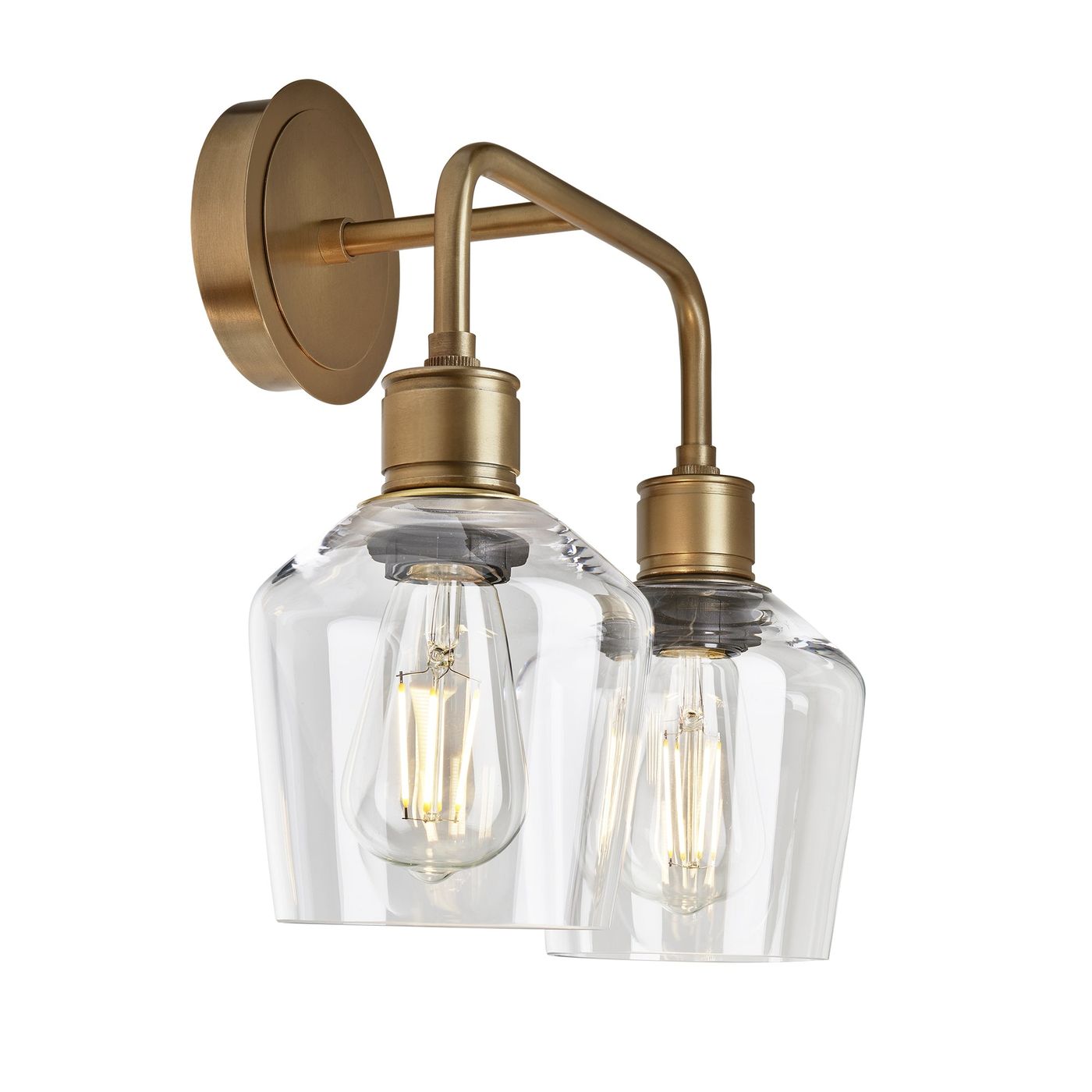 Albany Glass Schoolhouse Double Wall Light with clear glass shades and brass holder in side view