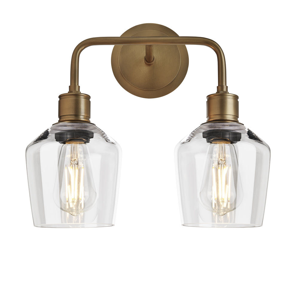 Albany Glass Schoolhouse Double Wall Light with clear glass shades and brass holder in front view