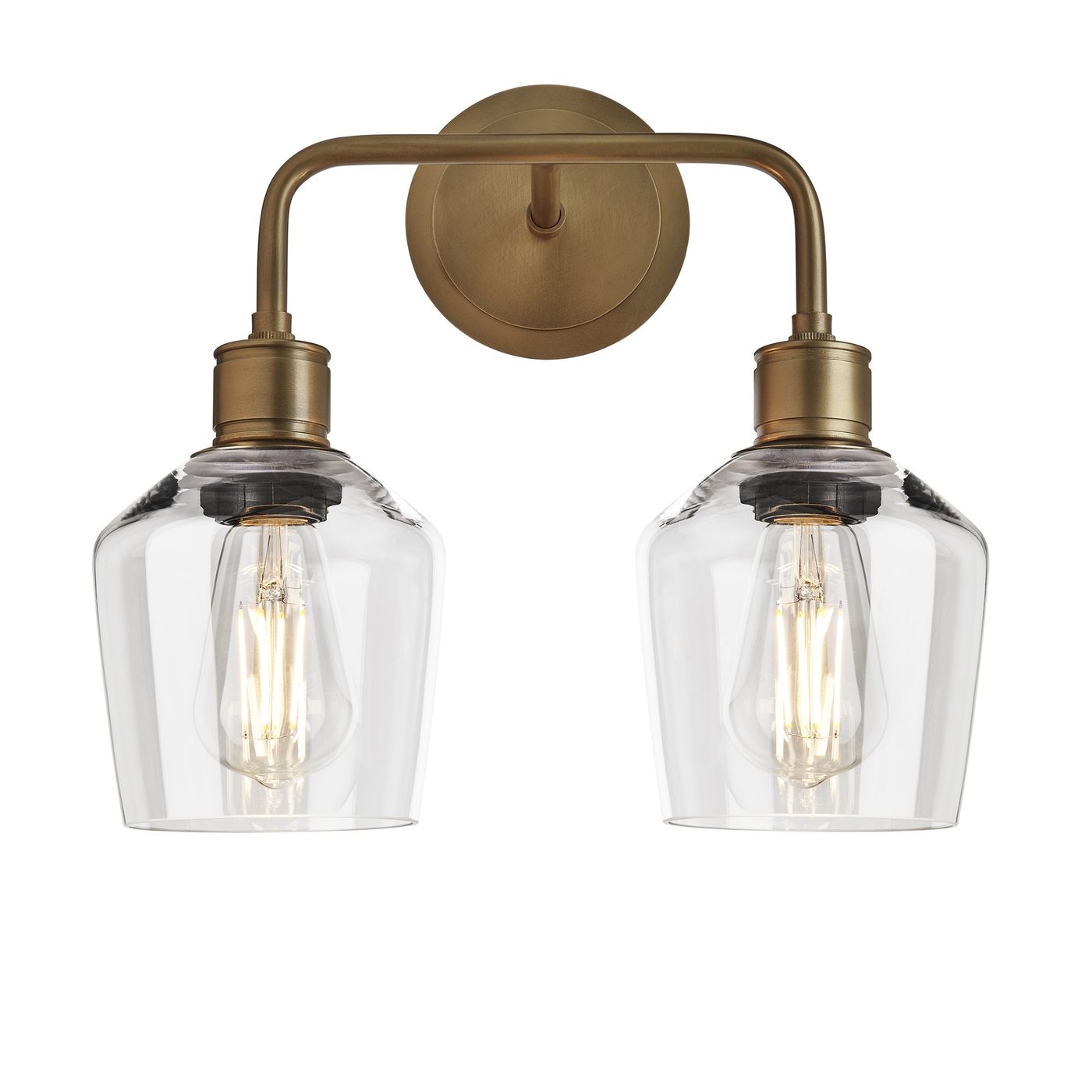 Albany Glass Schoolhouse Double Wall Light with clear glass shades and brass holder in front view