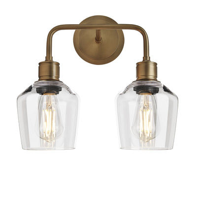 Albany Glass Schoolhouse Double Wall Light with clear glass shades and brass holder in front view