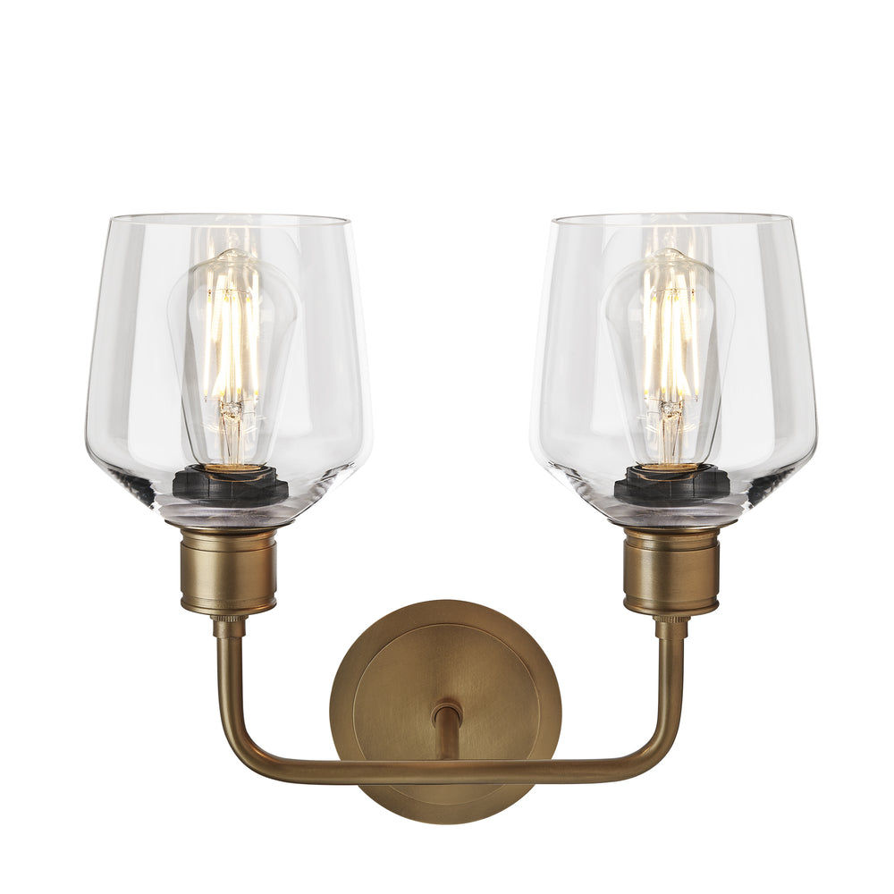 Albany Glass Schoolhouse Double Wall Light with clear glass shades facing upwards and brass holder in front view