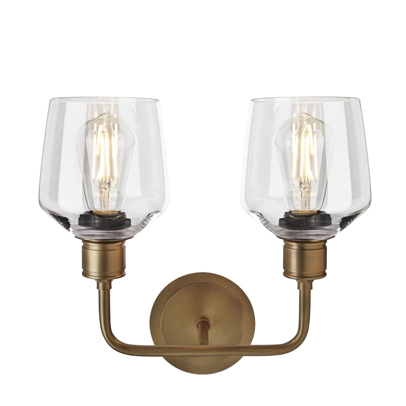 Albany Glass Schoolhouse Double Wall Light with clear glass shades facing upwards and brass holder in front view
