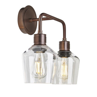 Albany Glass Schoolhouse Double Wall Light with clear glass shades and bronze holder in side view