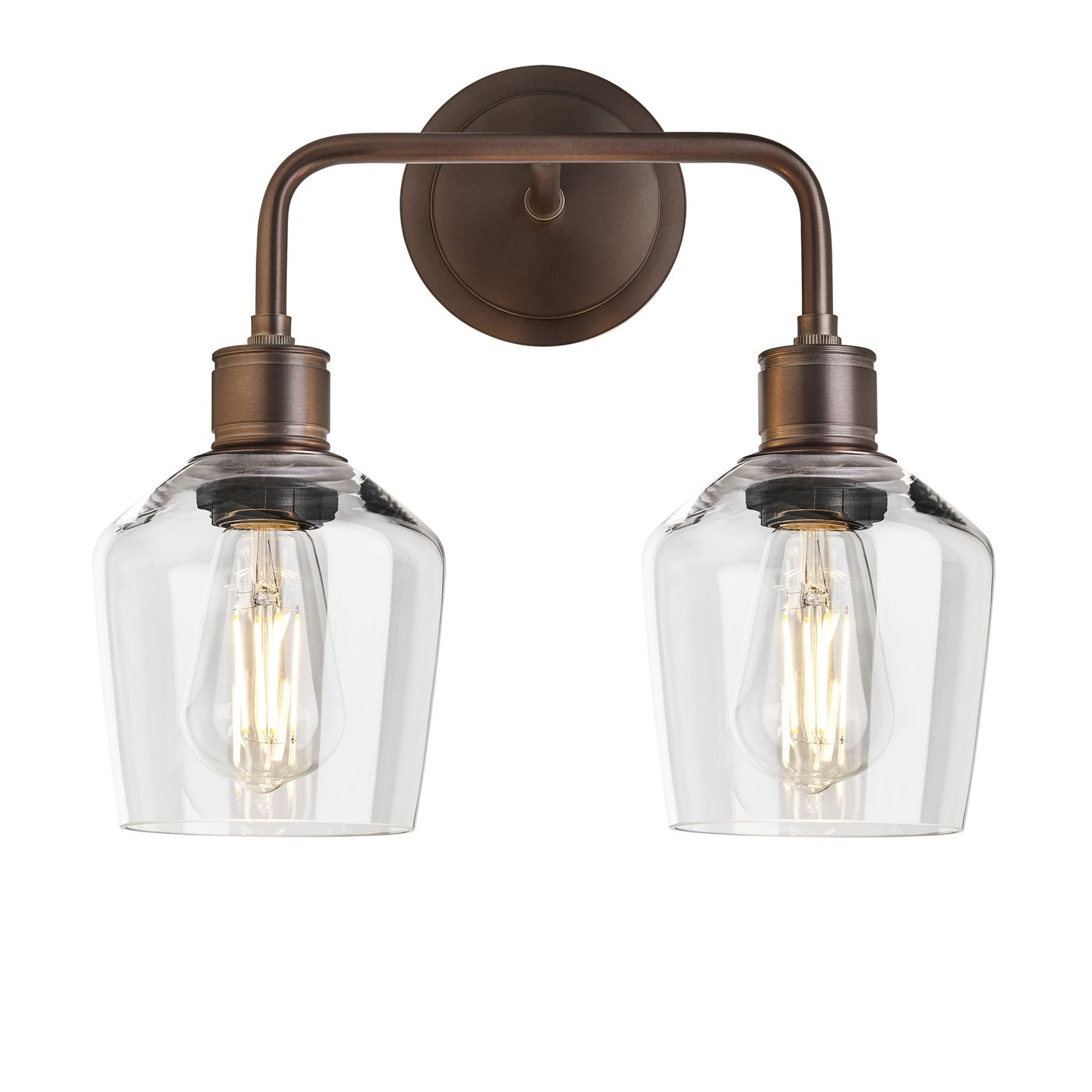 Albany Glass Schoolhouse Double Wall Light with clear glass shades and bronze holder in front view