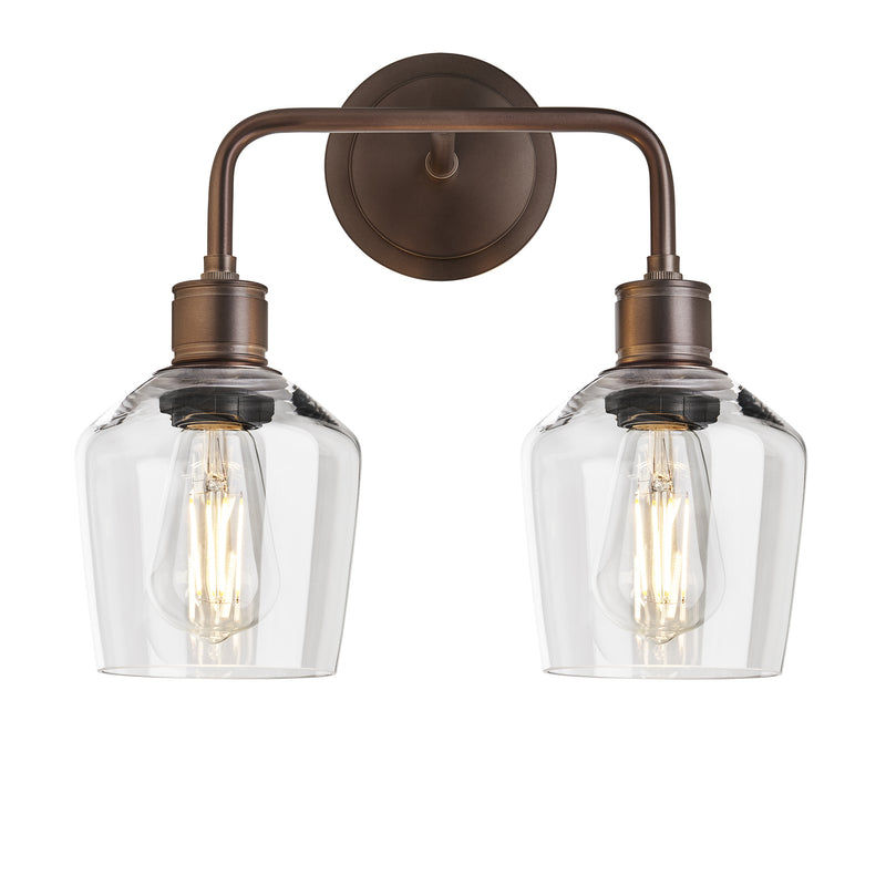 Albany Glass Schoolhouse Double Wall Light with clear glass shades and bronze holder in front view
