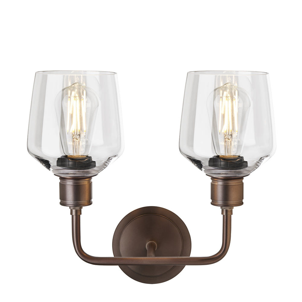Albany Glass Schoolhouse Double Wall Light with clear glass shades facing upwards and bronze holder in front view