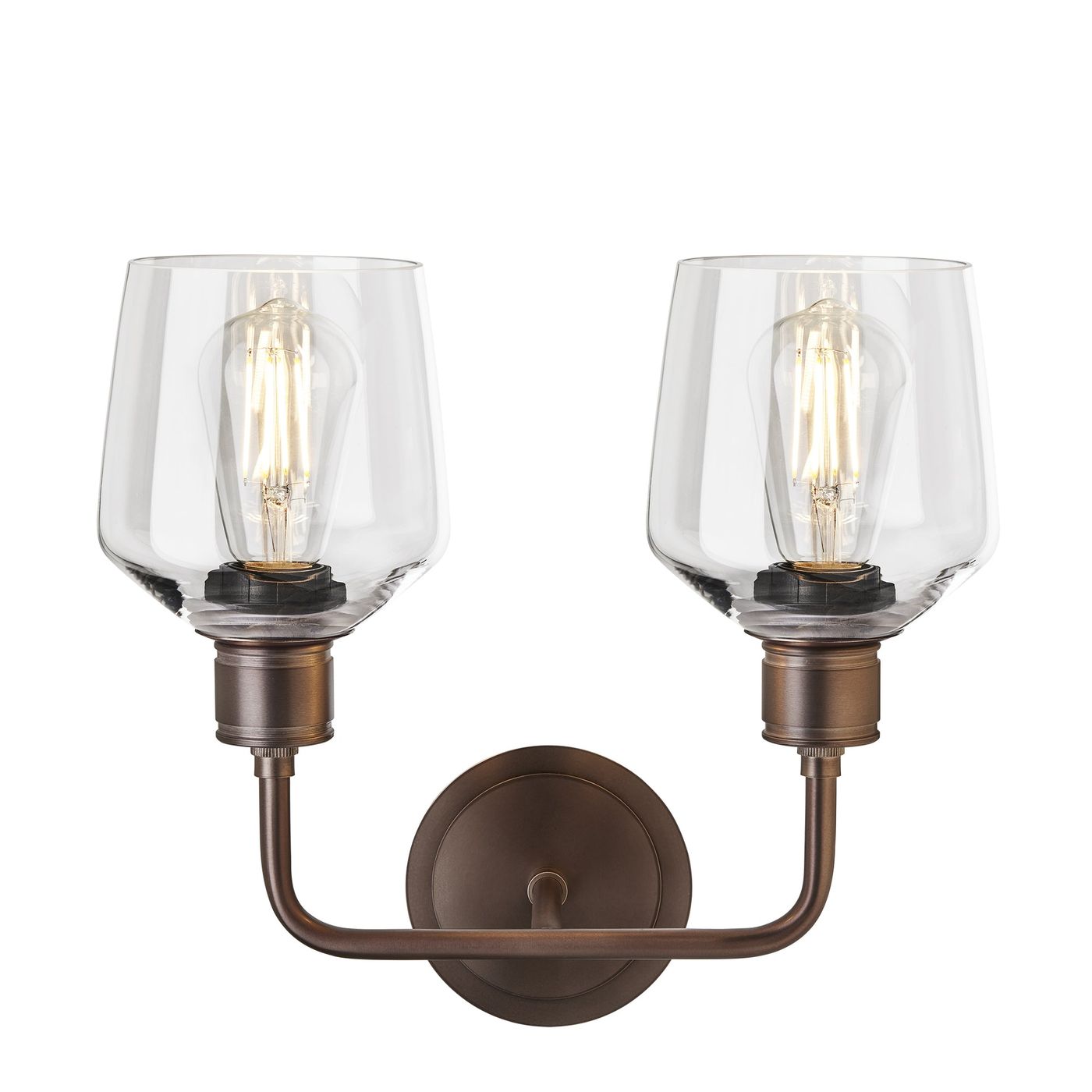 Albany Glass Schoolhouse Double Wall Light with clear glass shades facing upwards and bronze holder in front view