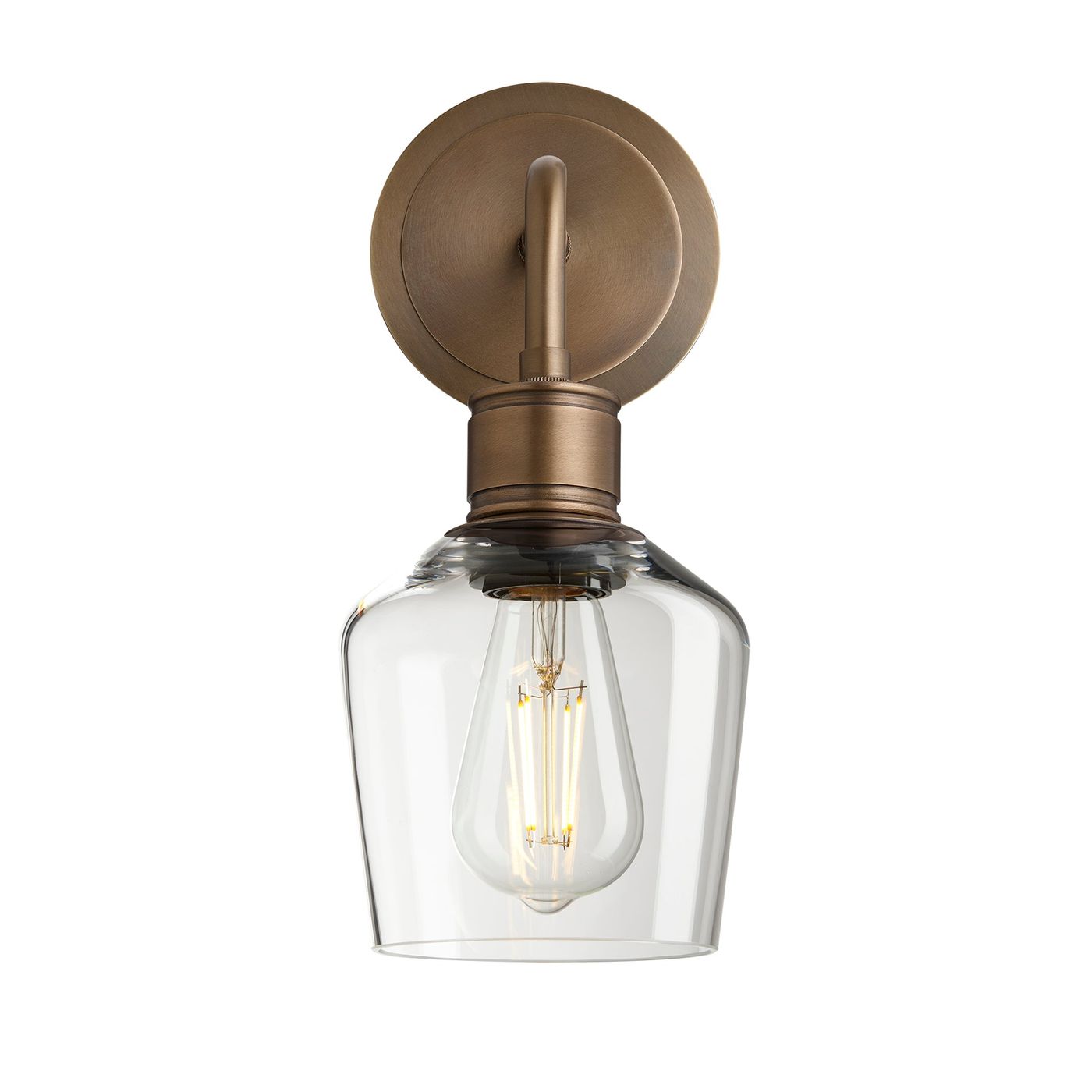Albany Glass Schoolhouse Single Wall Light, 5.5 inches, with a clear glass shade and brass holder in a front view