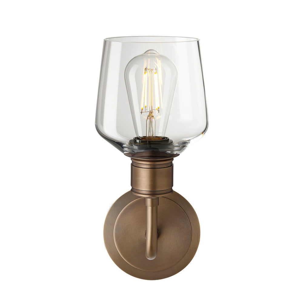 Albany Glass Schoolhouse Single Wall Light, 5.5 inches, with a clear glass shade facing upwards and brass holder in a front view