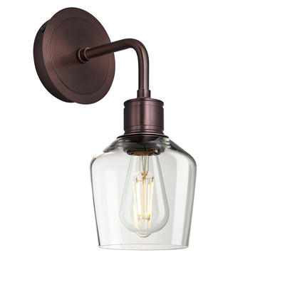 Albany Glass Schoolhouse Single Wall Light, 5.5 inches, with a clear glass shade and bronze holder in an angled view