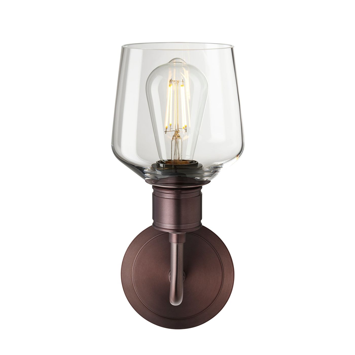 Albany Glass Schoolhouse Single Wall Light, 5.5 inches, with a clear glass shade facing upwards and bronze holder in a front view