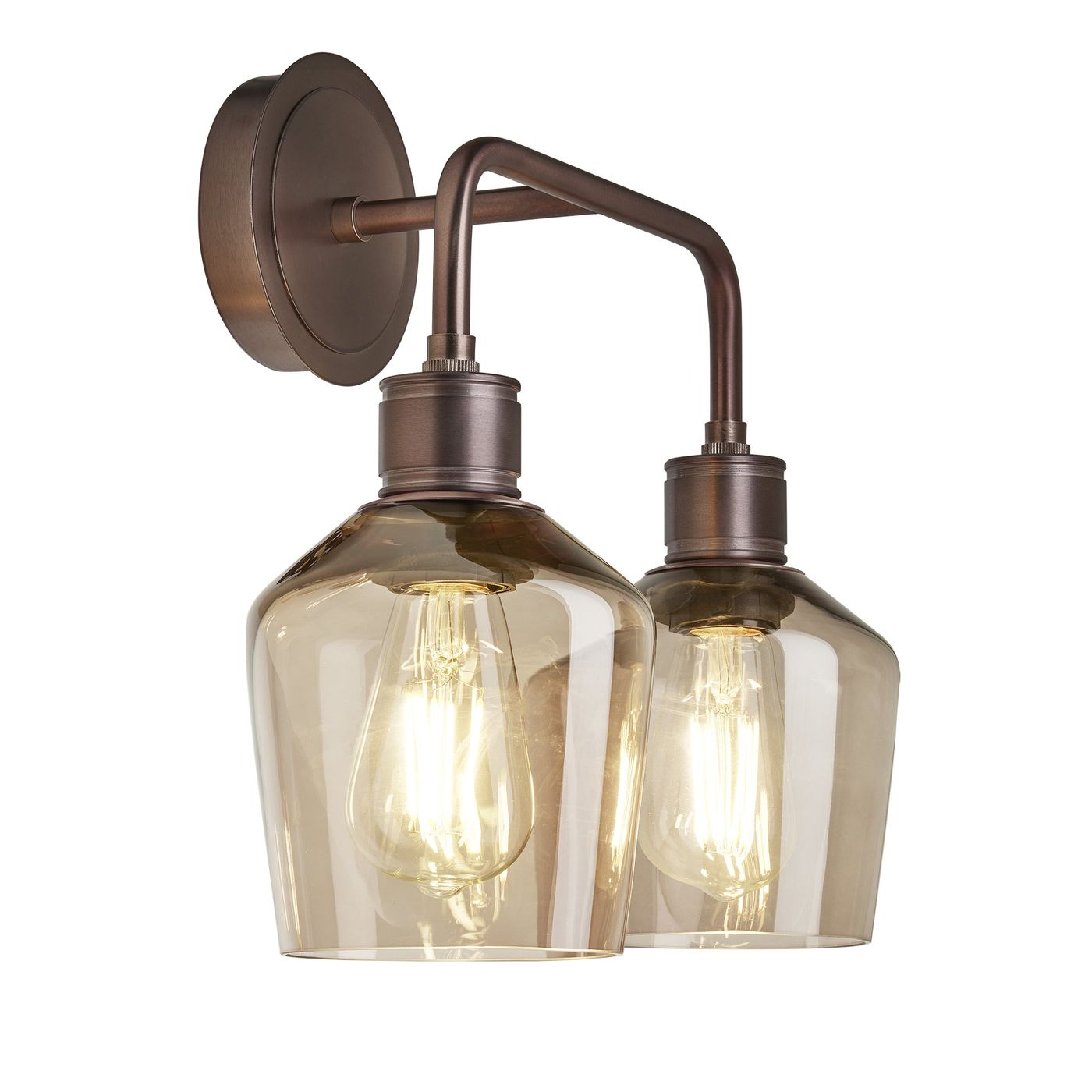 Albany Smoked Glass Schoolhouse Double Wall Light with mocha glass shades and bronze holder in side view
