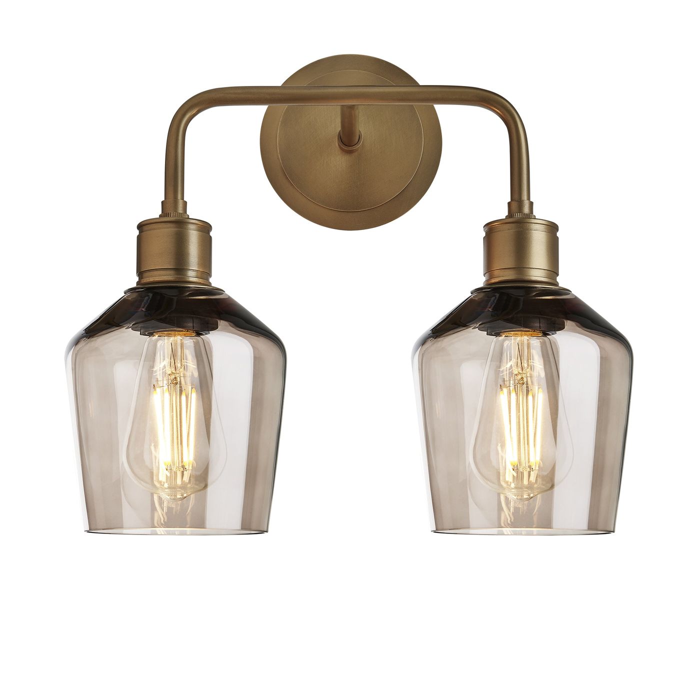 Albany Smoked Glass Schoolhouse Double Wall Light with mocha glass shades and brass holder in front view
