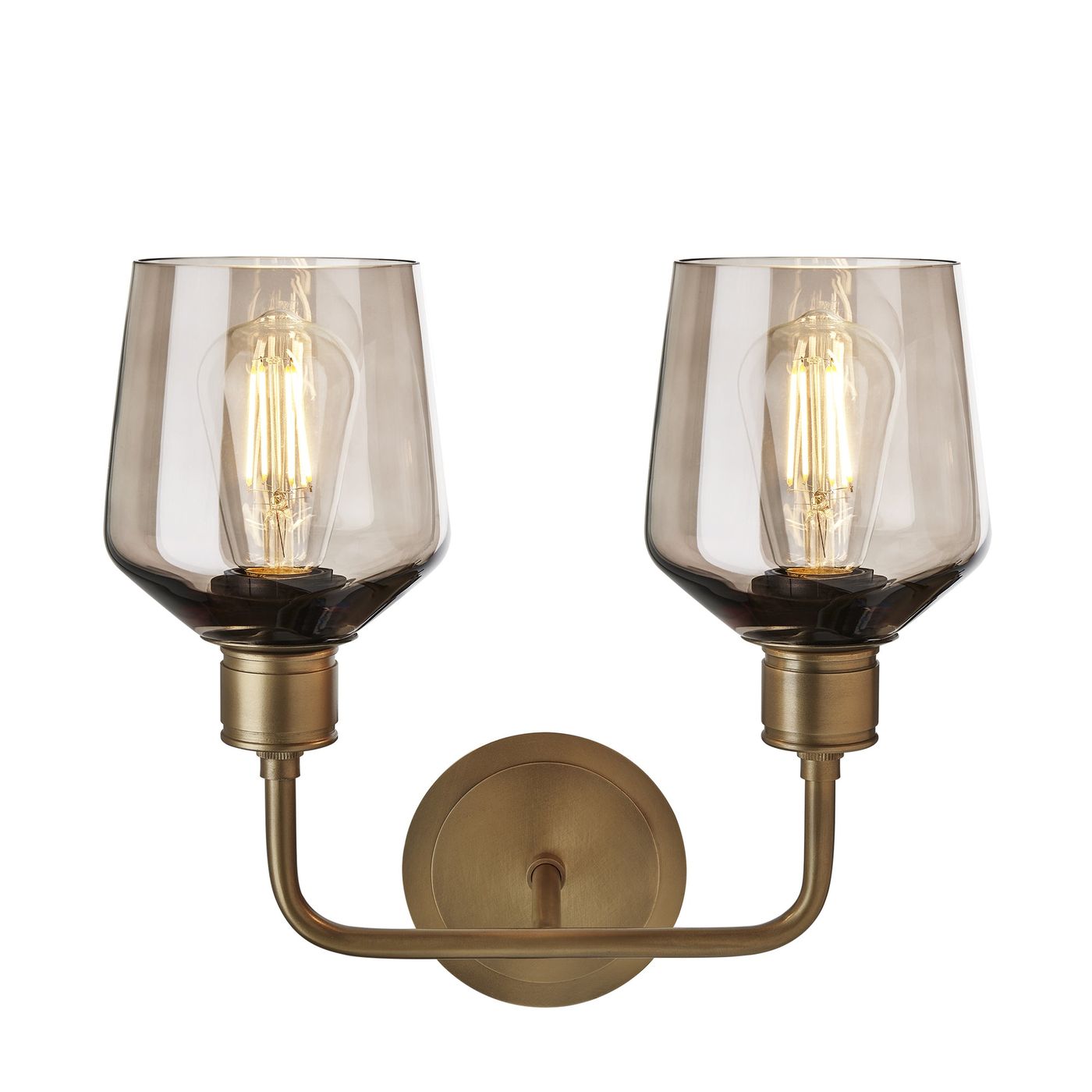 Albany Smoked Glass Schoolhouse Double Wall Light with mocha glass shades facing upwards and brass holder in front view