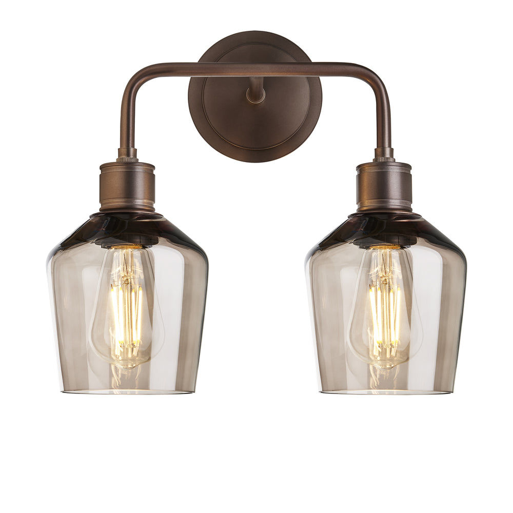 Albany Smoked Glass Schoolhouse Double Wall Light with mocha glass shades and bronze holder in front view