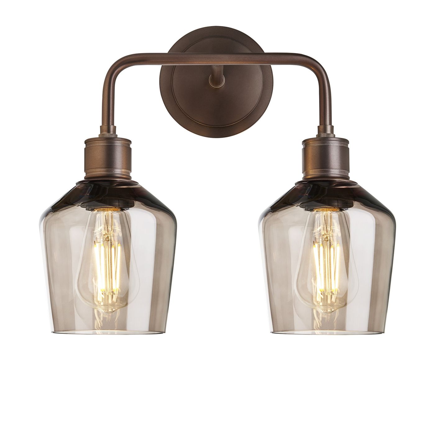 Albany Smoked Glass Schoolhouse Double Wall Light with mocha glass shades and bronze holder in front view