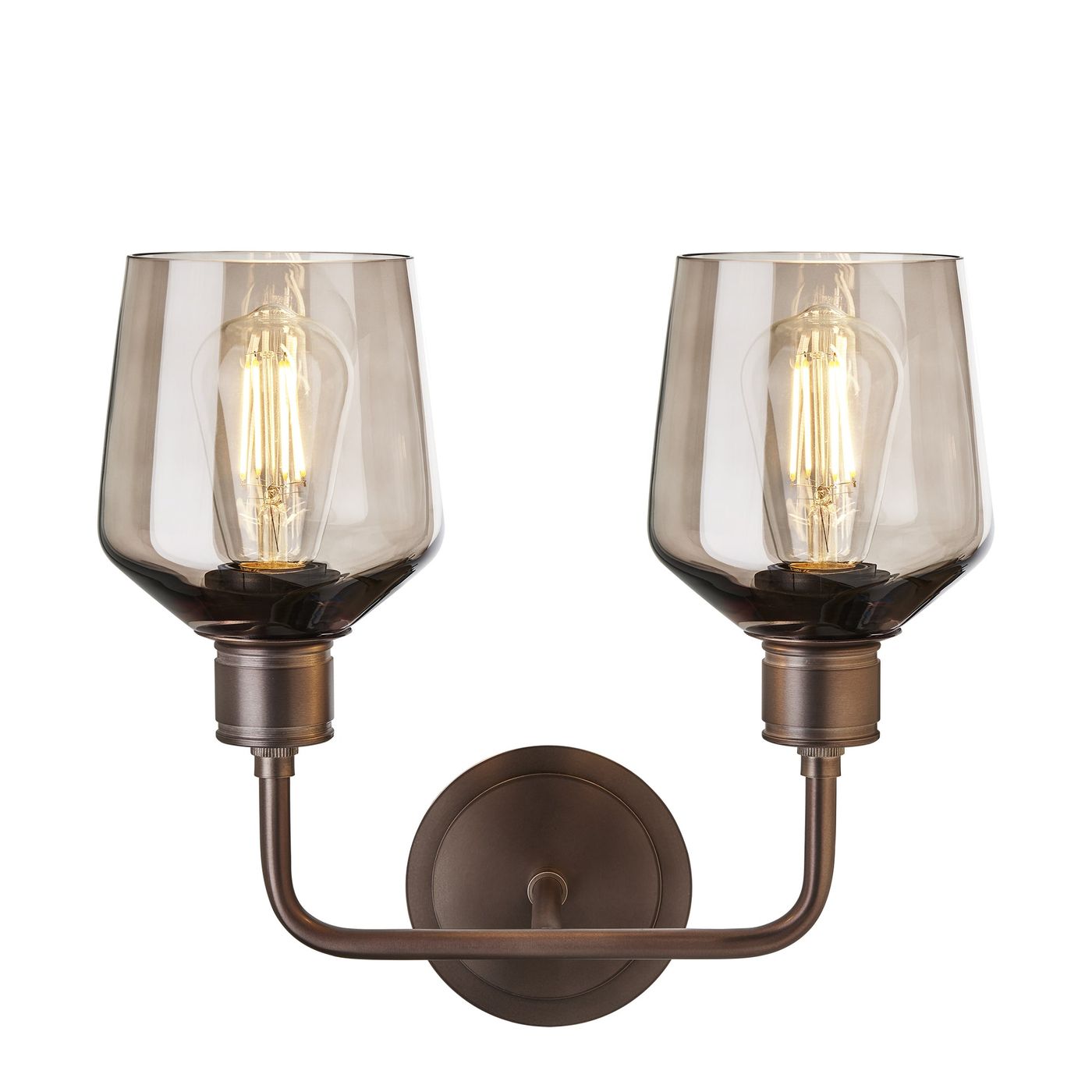 Albany Smoked Glass Schoolhouse Double Wall Light with mocha glass shades facing upwards and bronze holder in front view