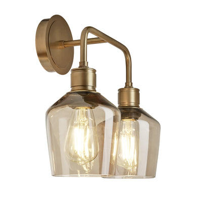 Albany Smoked Glass Schoolhouse Double Wall Light with mocha glass shades and brass holder in side view