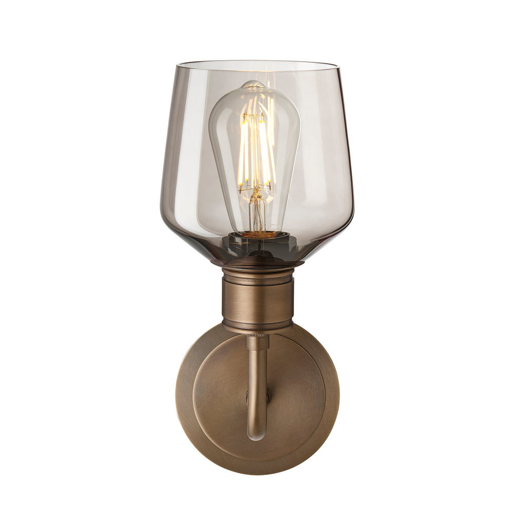 Albany Smoked Glass Schoolhouse Single Wall Light, 5.5 inches, with a mocha glass shade facing upwards and brass holder in a front view