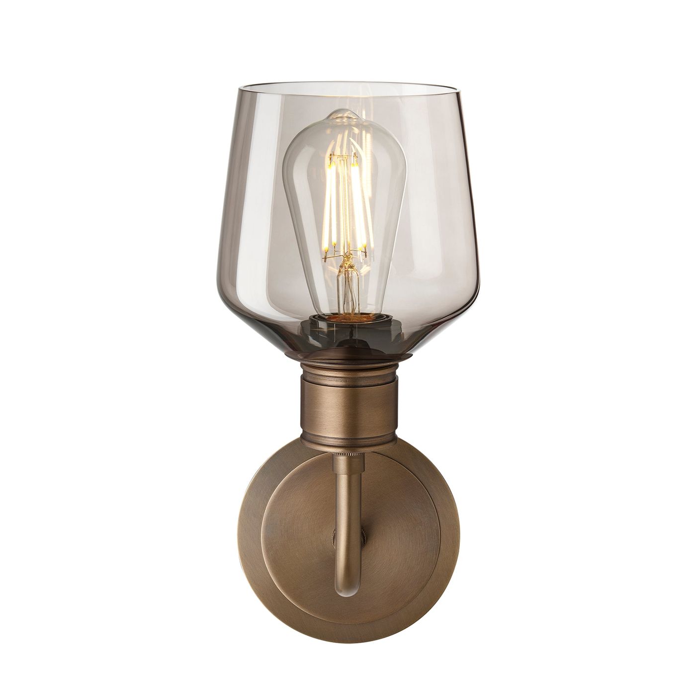 Albany Smoked Glass Schoolhouse Single Wall Light, 5.5 inches, with a mocha glass shade facing upwards and brass holder in a front view