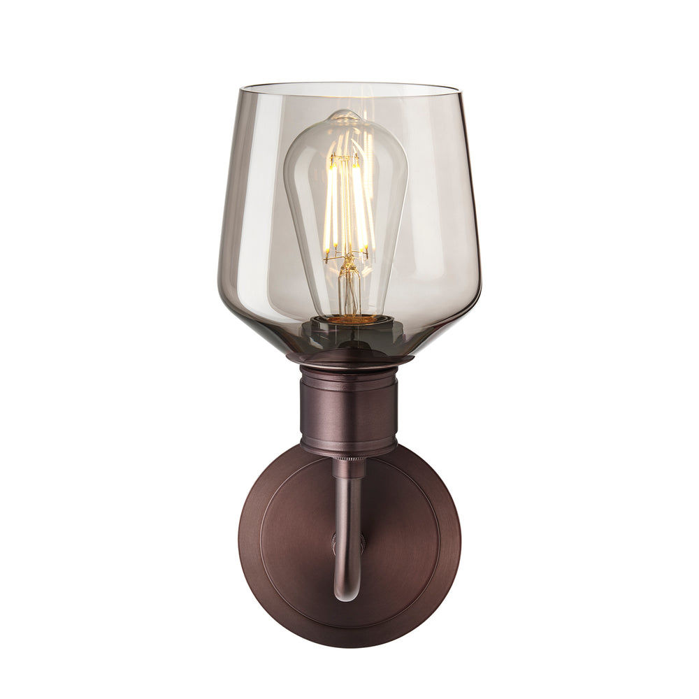 Albany Smoked Glass Schoolhouse Single Wall Light, 5.5 inches, with a mocha glass shade facing upwards and bronze holder in a front view