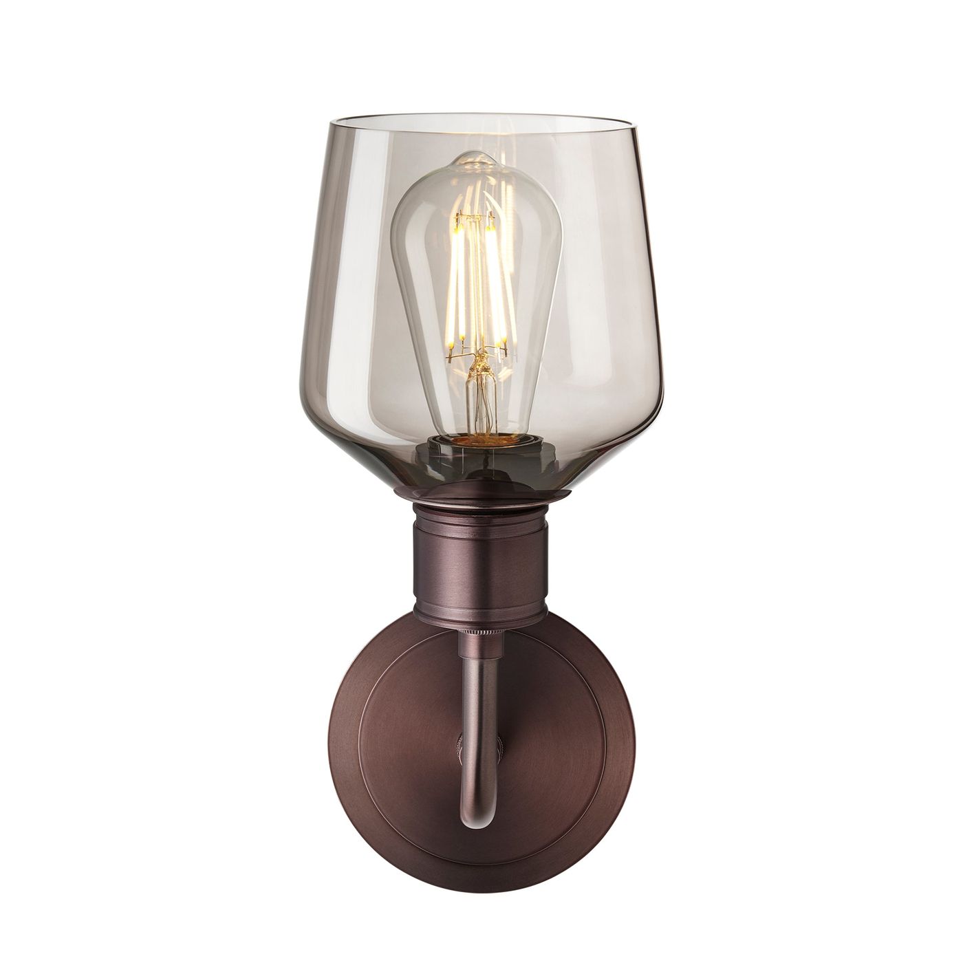 Albany Smoked Glass Schoolhouse Single Wall Light, 5.5 inches, with a mocha glass shade facing upwards and bronze holder in a front view