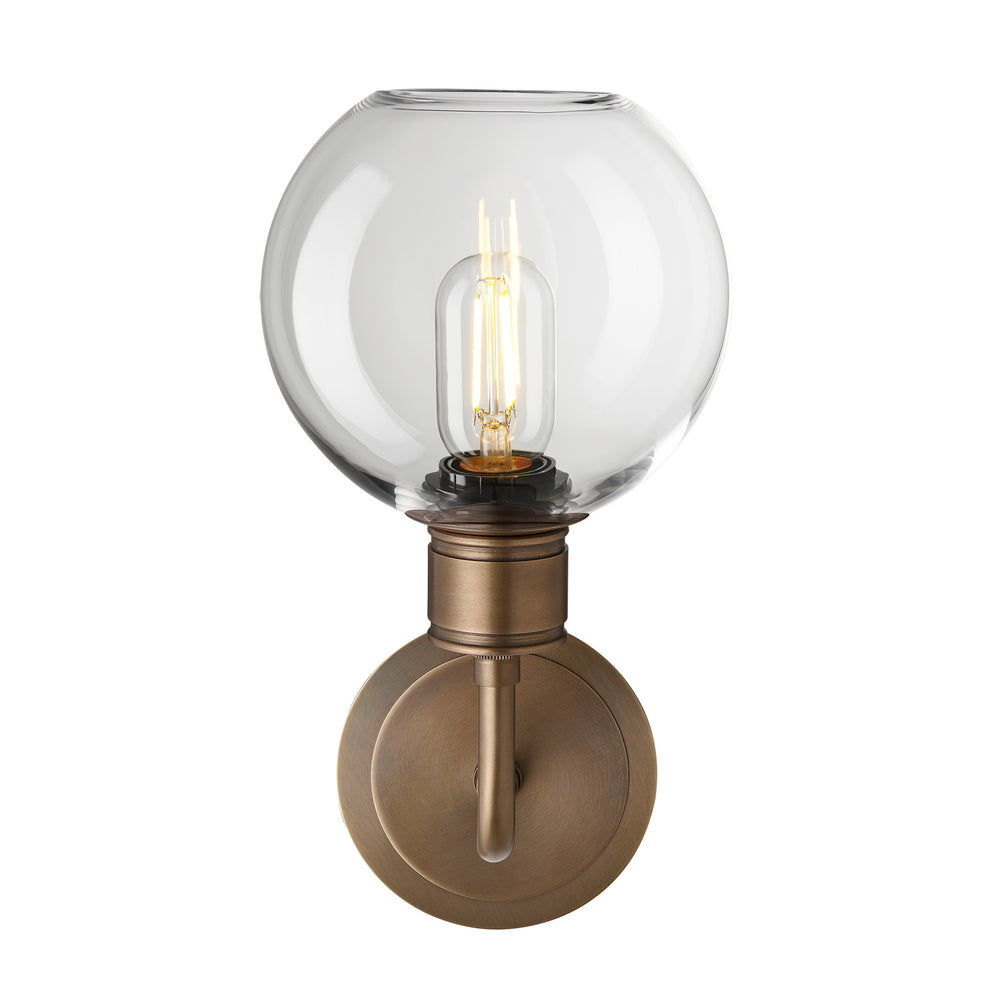 Albany Glass Globe Single Wall Light with a 7-inch clear glass globe shade facing upwards and bronze holder, shown in a straight-on view