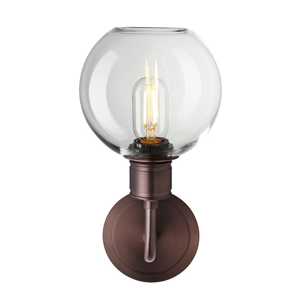 Albany Glass Globe Single Wall Light with a 7-inch clear glass globe shade facing upwards and bronze holder, shown in a straight-on view