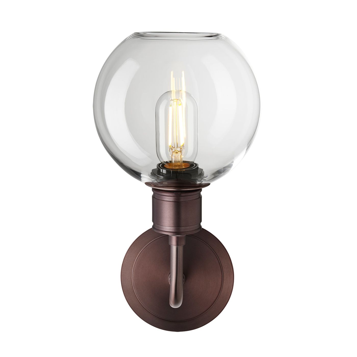 Albany Glass Globe Single Wall Light with a 7-inch clear glass globe shade facing upwards and bronze holder, shown in a straight-on view