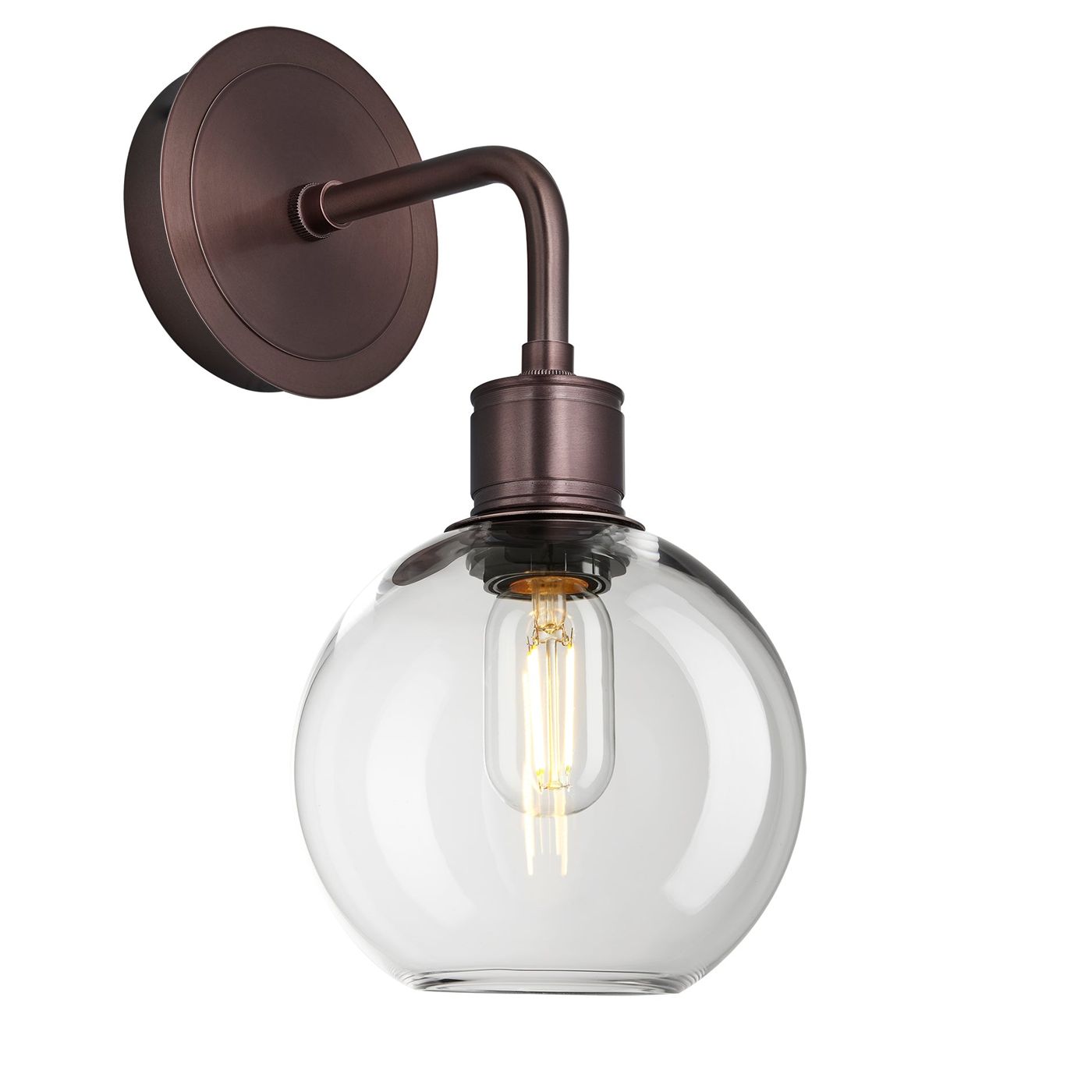 Albany Glass Globe Single Wall Light with a 7-inch clear glass globe and bronze holder, shown in an angled view