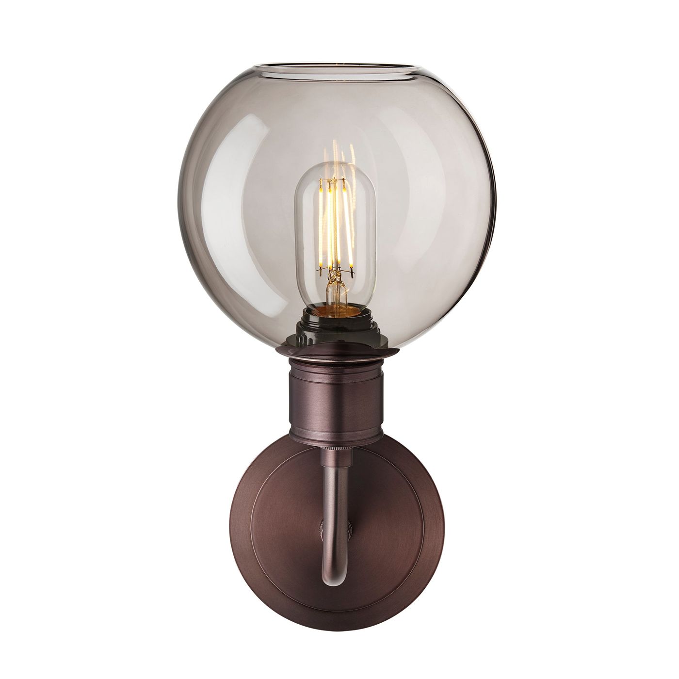 Albany Glass Globe Single Wall Light with a 7 inch mocha glass globe shade facing upwards and bronze holder shown in a straight on view