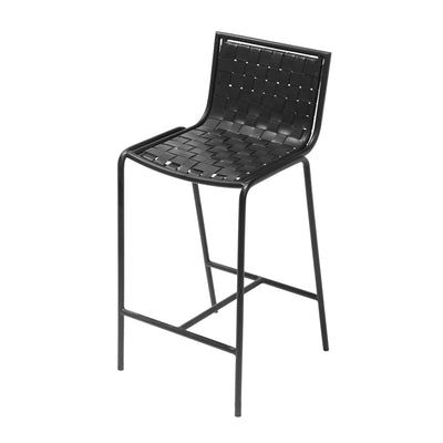 Angled view of a black metal counter height stool with black lattice saddle leather seat and backrest, highlighting the modern design.