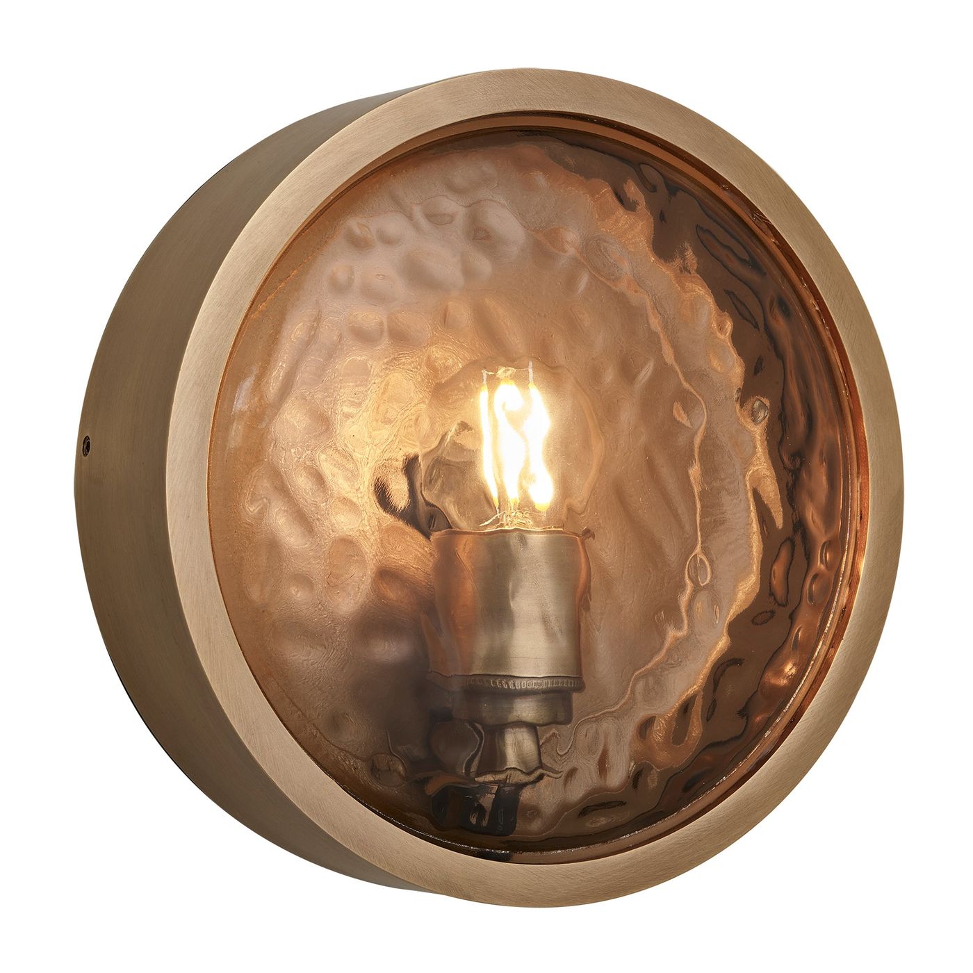 Bulkhead Outdoor & Bathroom Round Wall Light in Brass finish with Hammered Glass lit up