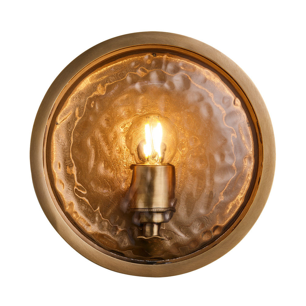 Bulkhead Outdoor & Bathroom Round Wall Light in Brass finish with Hammered Glass lit up