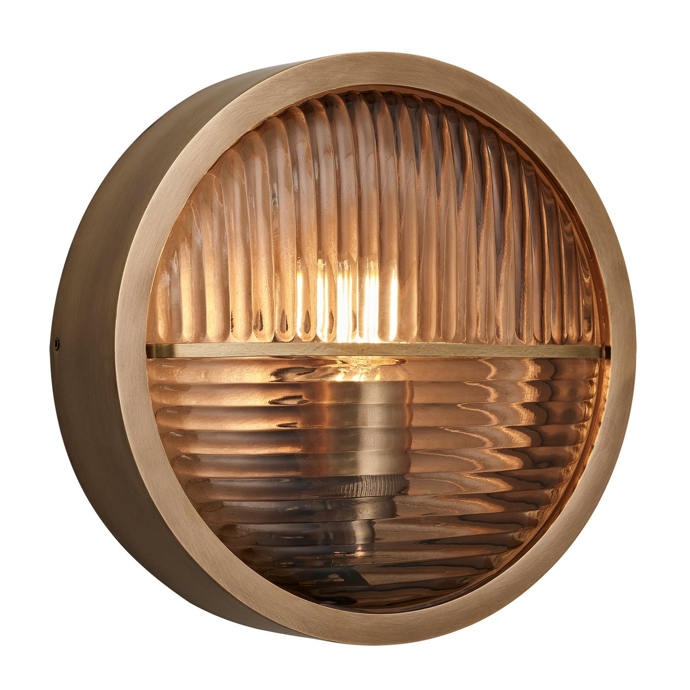 Bulkhead Outdoor & Bathroom Round Wall Light in Brass finish with Ribbed Glass lit up