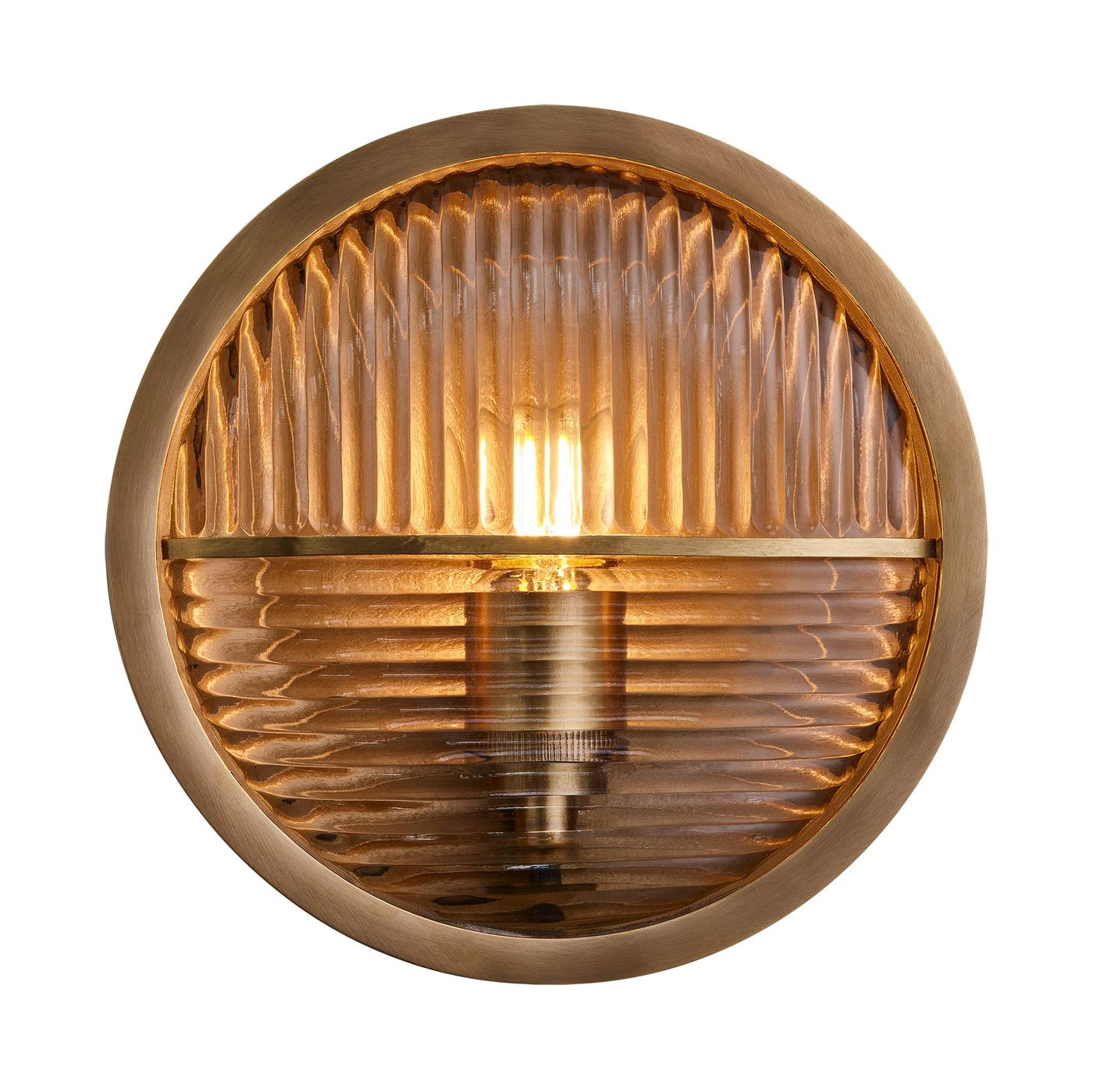 Bulkhead Outdoor & Bathroom Round Wall Light in Brass finish with Ribbed Glass lit up