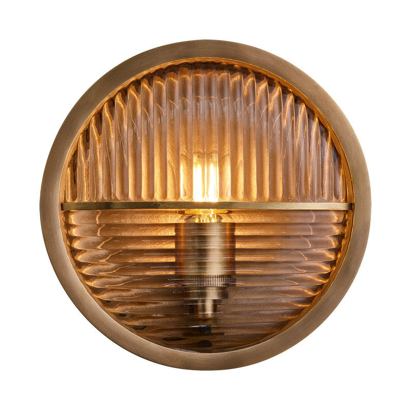 Bulkhead Outdoor & Bathroom Round Wall Light in Brass finish with Ribbed Glass lit up