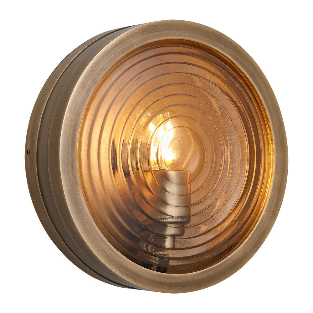 Bulkhead Outdoor & Bathroom Round Wall Light in Brass finish with Ripple Glass lit up