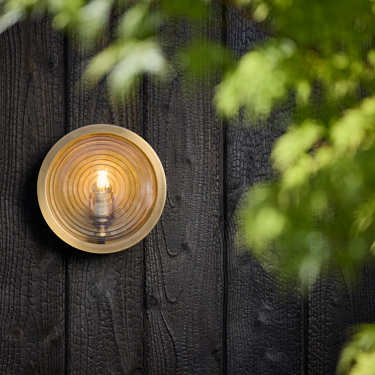 Bulkhead Outdoor & Bathroom Round Wall Light in Brass finish with Ripple Glass lit up