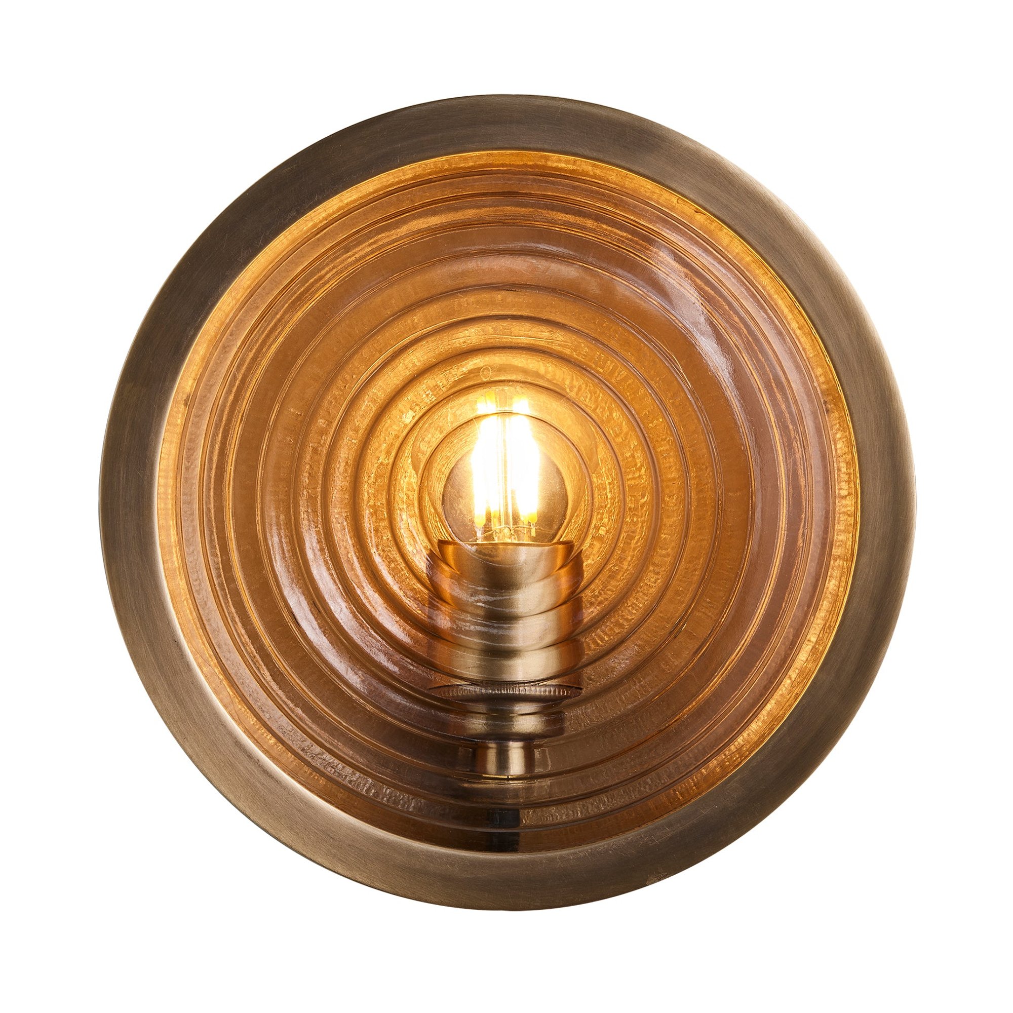Bulkhead Outdoor & Bathroom Round Wall Light in Brass finish with Ripple Glass lit up