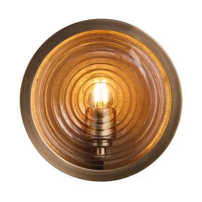Bulkhead Outdoor & Bathroom Round Wall Light in Brass finish with Ripple Glass lit up