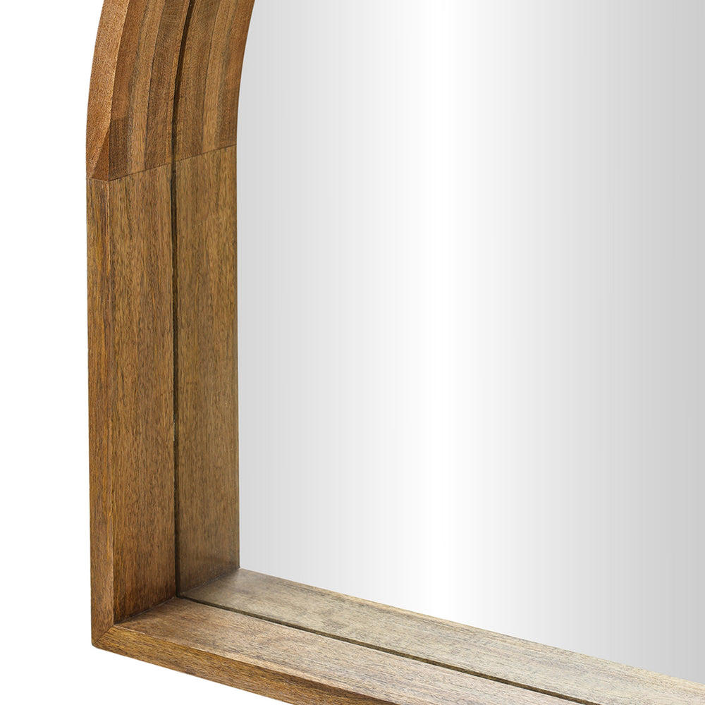 Close up of Bramley arch wall mirror with natural wood frame, 39-inch