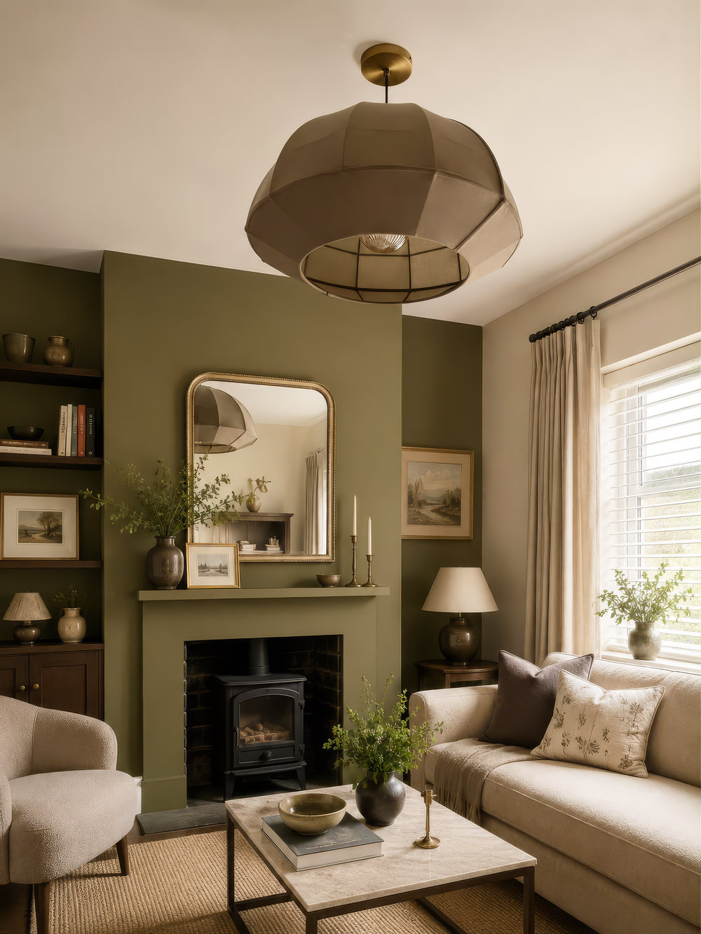 Burnham Fabric Wide Dome Pendant Light in 24 Inch with Olive Green Finish
