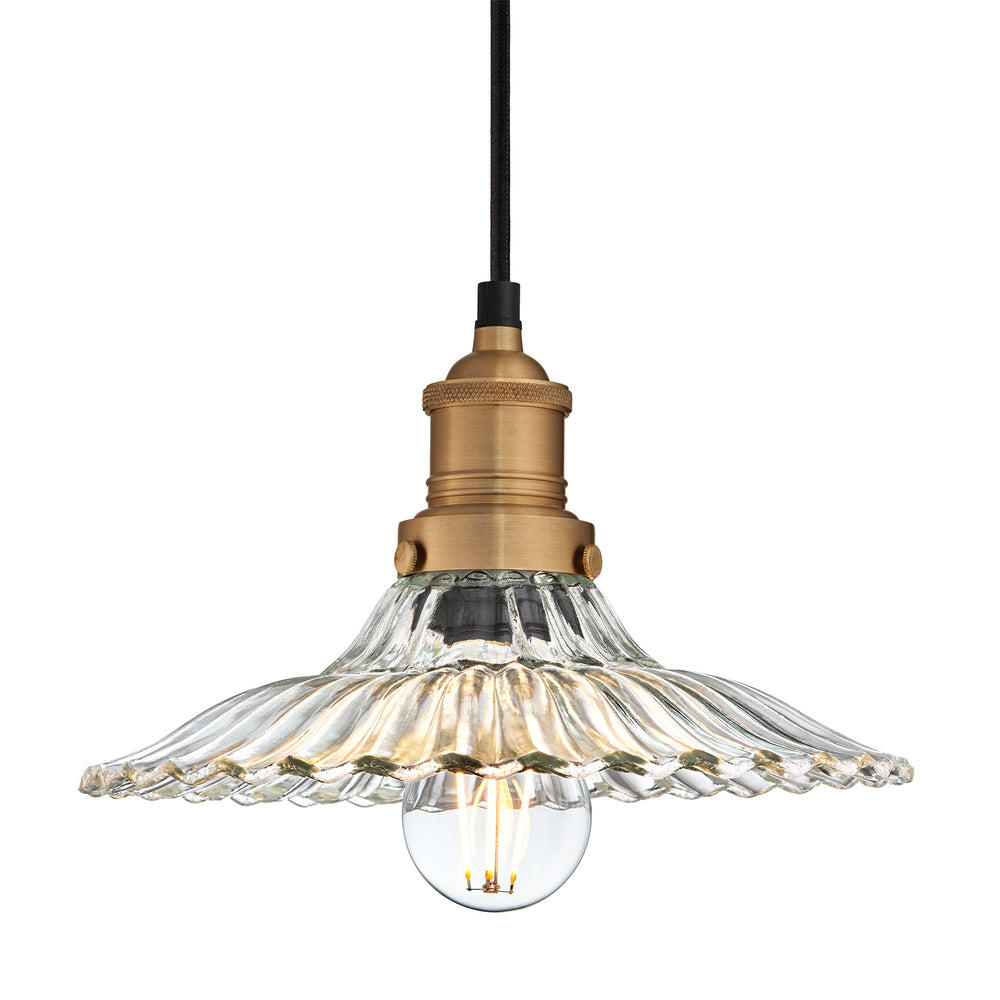 Brooklyn Clear Glass Fluted Slope Pendant Light in 12 Inch Clear with Brass Holder