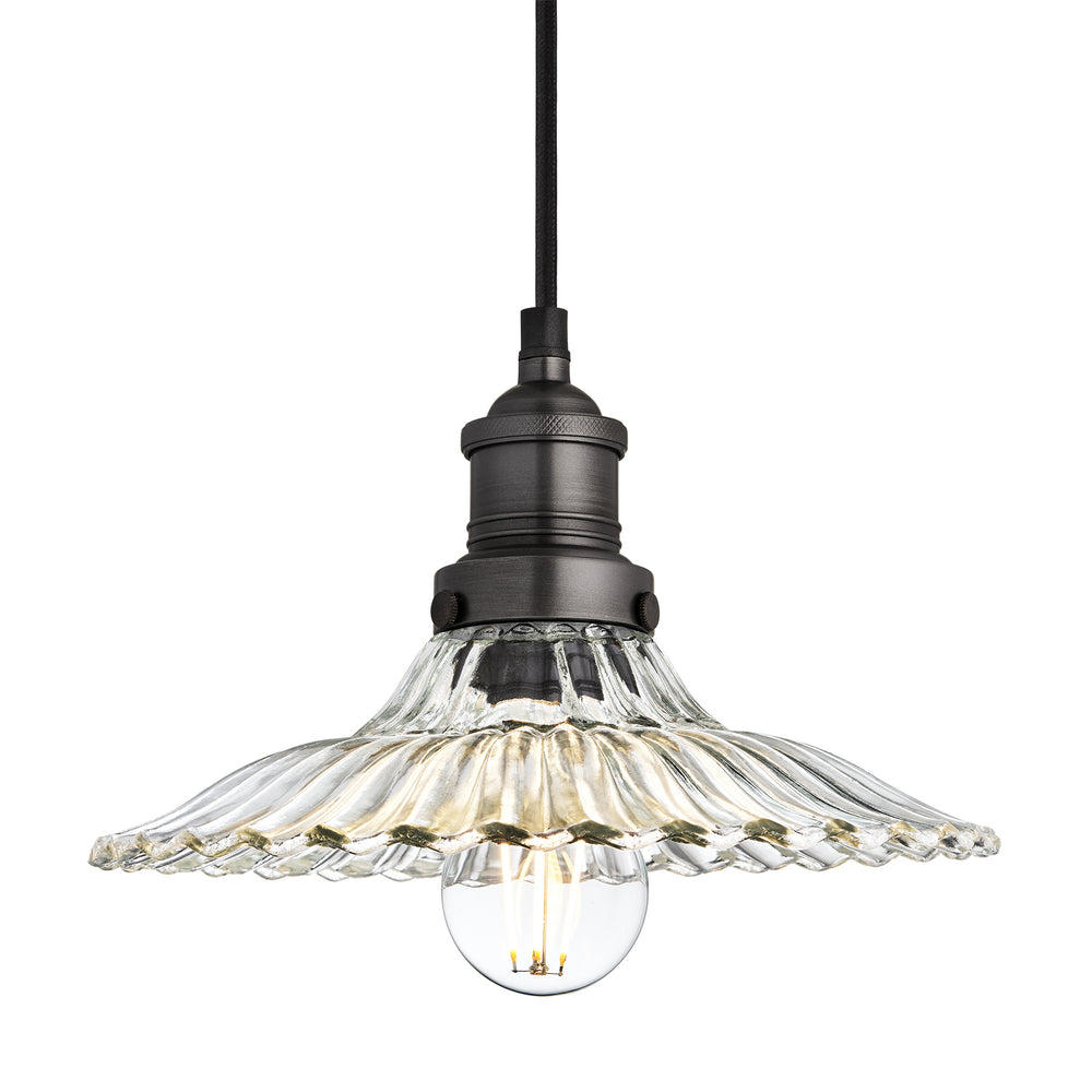 Brooklyn Clear Glass Fluted Slope Pendant Light in 12 Inch Clear with Pewter Holder