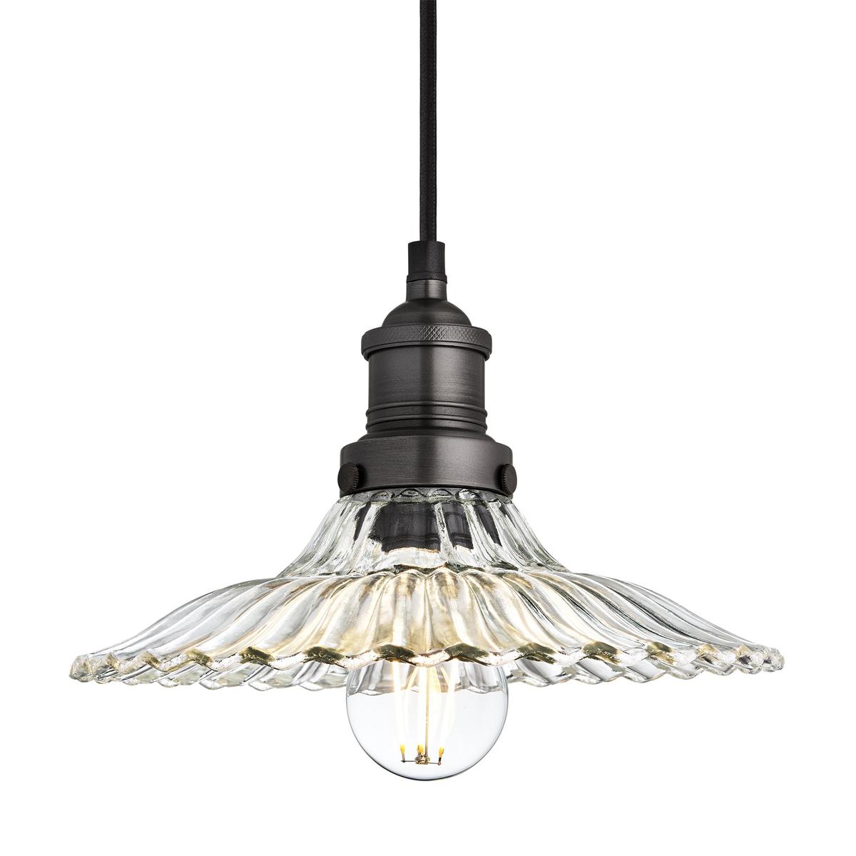 Brooklyn Clear Glass Fluted Slope Pendant Light in 12 Inch Clear with Pewter Holder