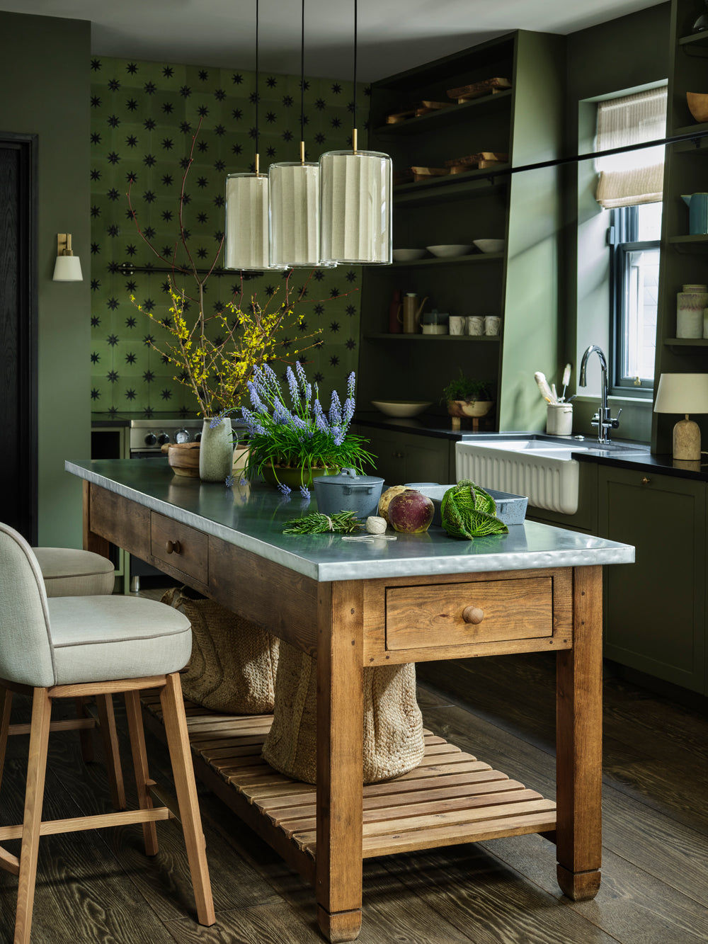 Bude Cylinder 3 Wire Cluster Pendant Light with Linen  and Clear Glass shades