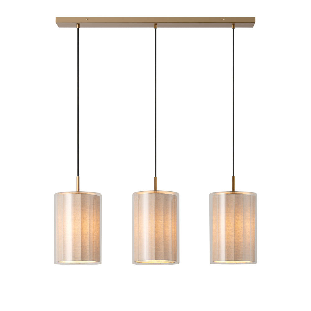 Bude Cylinder 3 Wire Cluster Pendant Light with Linen  and Clear Glass shades lit up