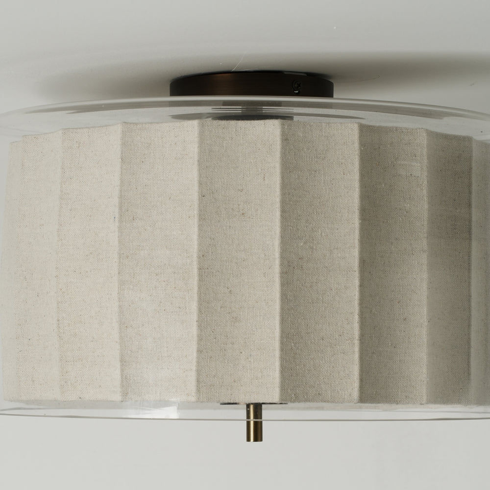 Bude Circular Flush Mount with Linen and Clear Glass shades, close up of the shade and flushmount